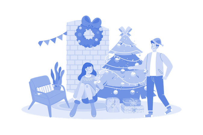 Un couple décore le sapin de Noël ensemble  Illustration