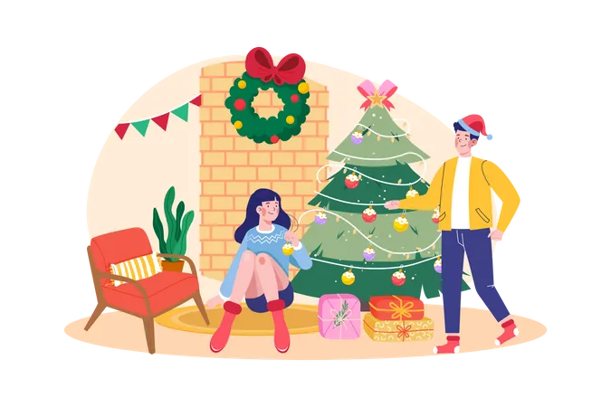 Un couple décore le sapin de Noël ensemble  Illustration