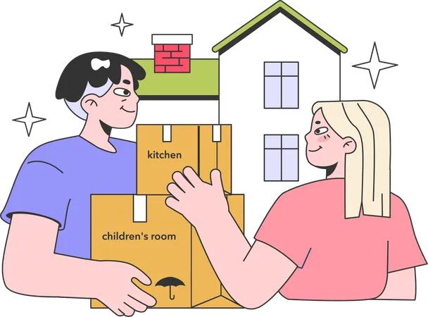 Couple déménageant dans une nouvelle maison  Illustration