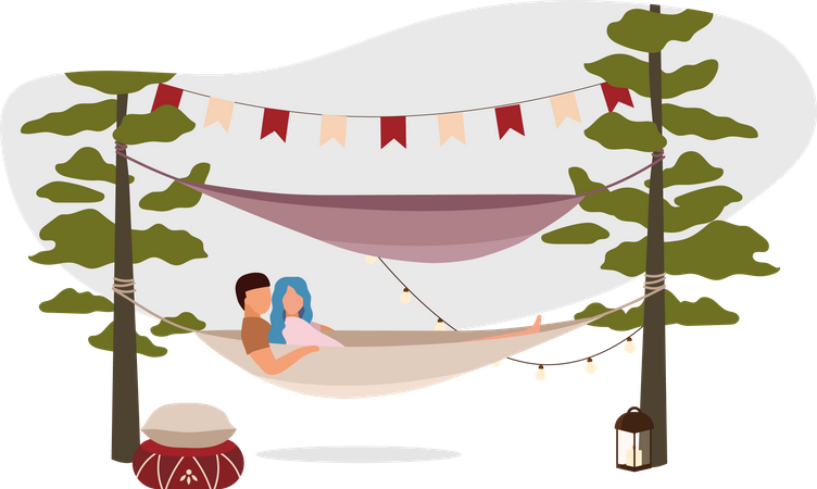 Couple relaxant dans un hamac de camping  Illustration