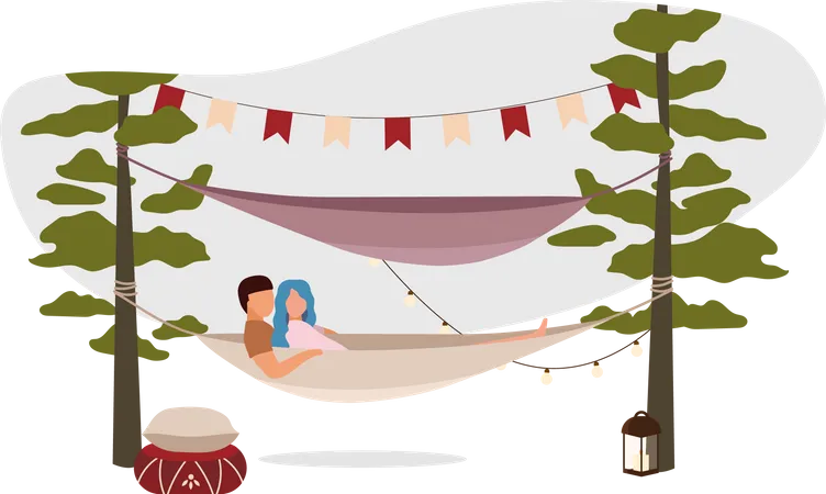 Couple relaxant dans un hamac de camping  Illustration