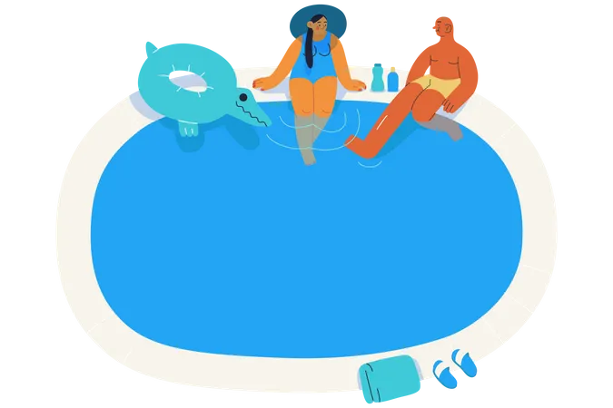 Couple relaxant et relaxant près de la piscine  Illustration