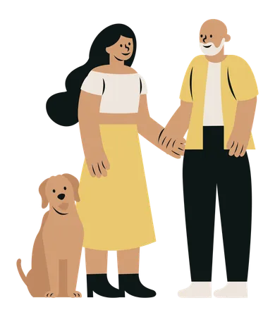 Couple Different Ages with Dog  Illustration