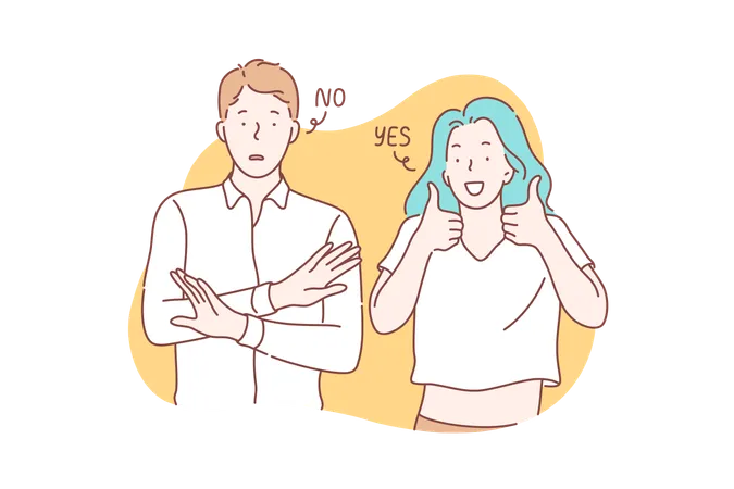 Yes Or No Concept Young Couple Shows Opposite Emotions Frightened Man Or Boy Is Showing Stop Sign And Saying No Happy Woman Or Girl Demonstrates Approval Says Yes And Puts Like Simple Flat Vector Illustration