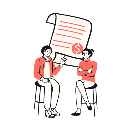 Couple discussing and reviewing financial documents  Illustration