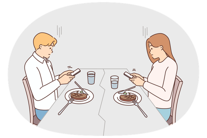 スマートフォンで夕食の邪魔をするカップル  イラスト