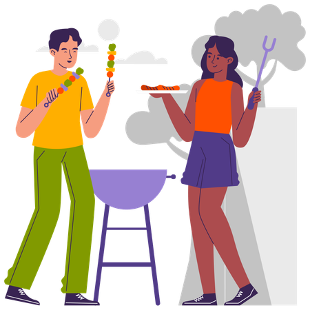 Couple doing BBQ Party at campsite  Illustration