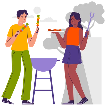 Couple doing BBQ Party at campsite  Illustration