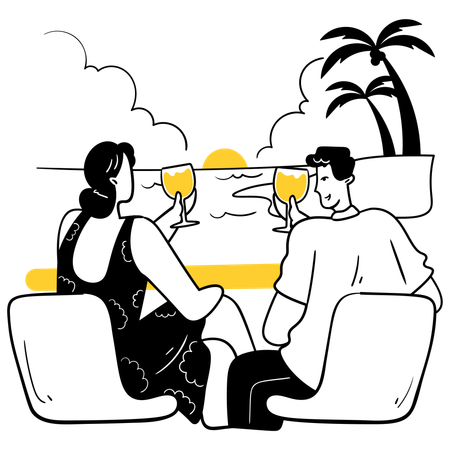 ビーチサイドで食事をするカップル  イラスト
