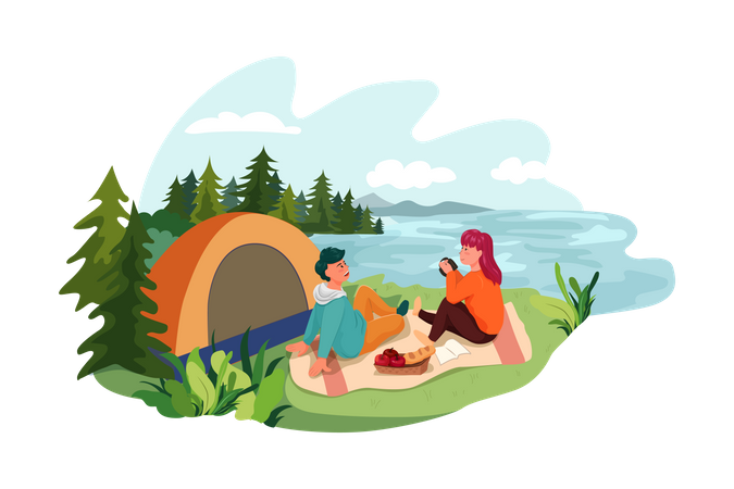 Couple doing camping on riverside  Illustration