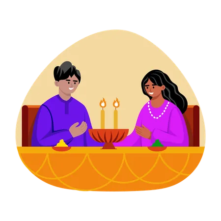 Couple doing Candlelight dinner on Diwali  Illustration