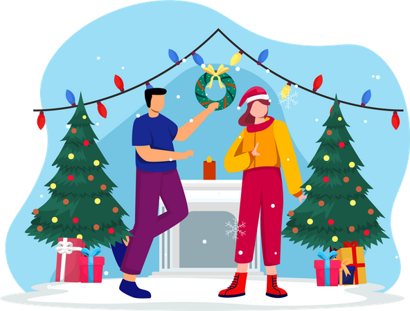 Couple doing christmas decoration  Illustration