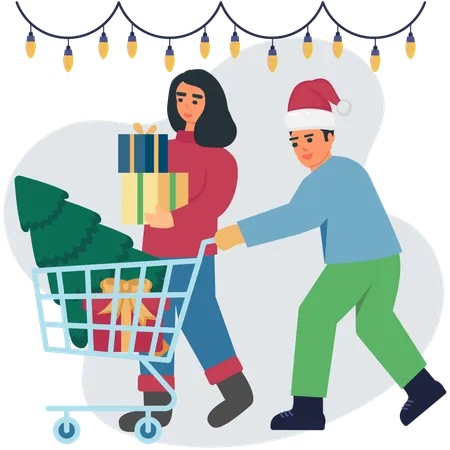 Couple doing christmas shopping  Illustration