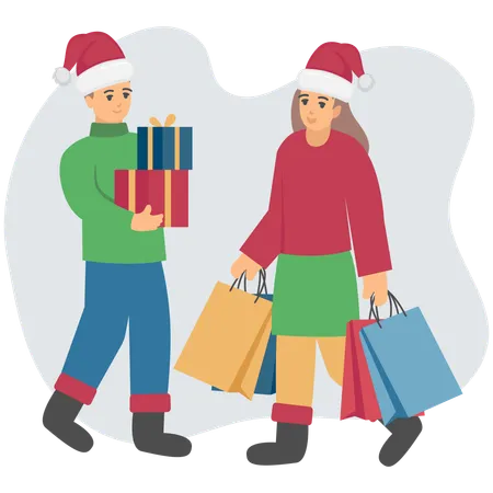 Couple doing christmas shopping  Illustration