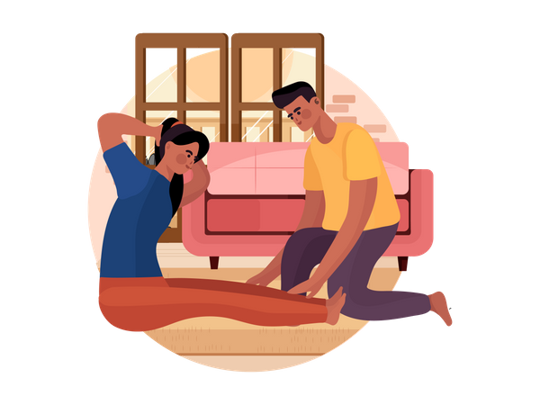 Couple doing crunches on the floor Illustration