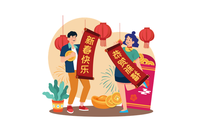 Couple doing decoration for Chinese New Year  Illustration