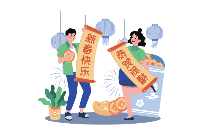 Couple doing decoration for Chinese New Year  Illustration