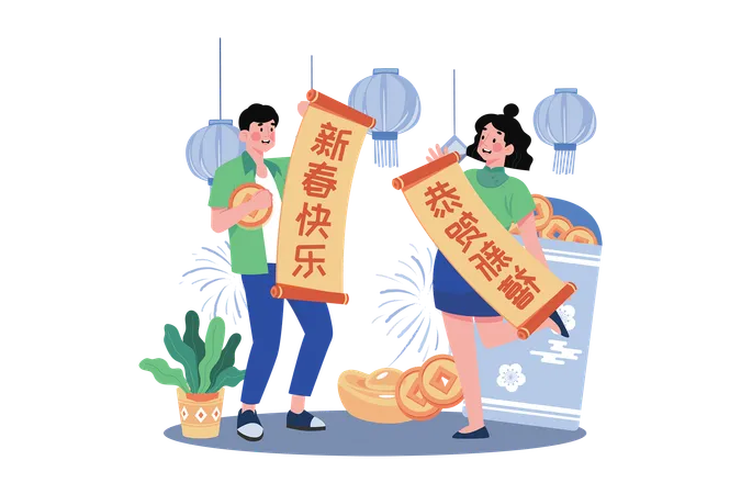 Couple doing decoration for Chinese New Year  Illustration