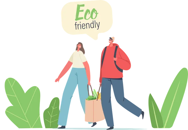 Couple Of Adult Man And Woman Characters Carry Products In Paper Eco Friendly Bag Bio Degradable Package Natural Packing Ecologically Safety Container For Food Cartoon People Vector Illustration Illustration