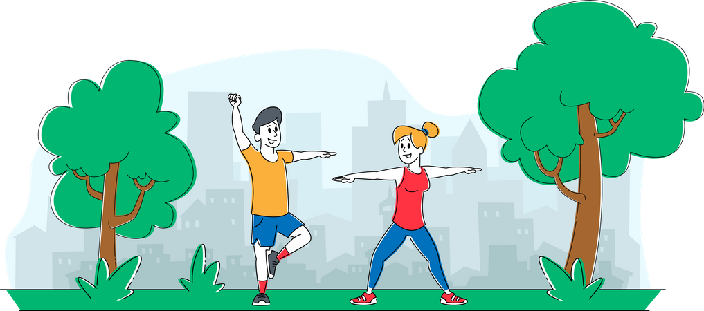 Couple doing exercise together at park Illustration