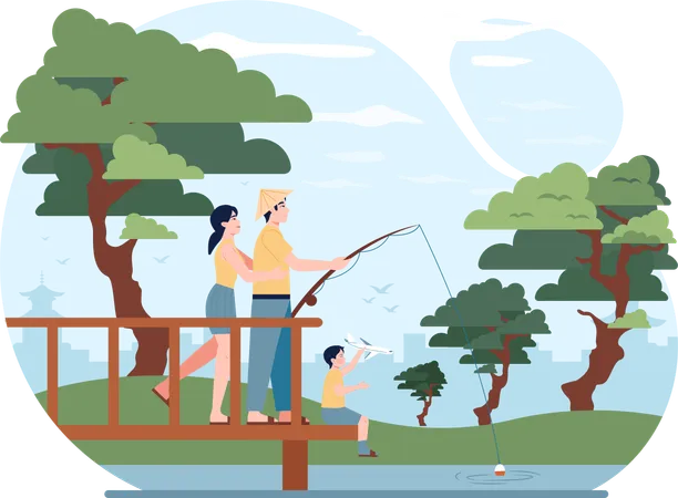 Couple doing fishing through hook  Illustration