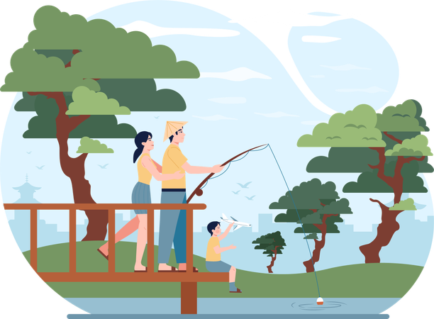 Couple doing fishing through hook  Illustration