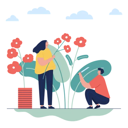 Couple doing gardening and collecting flowers  Illustration