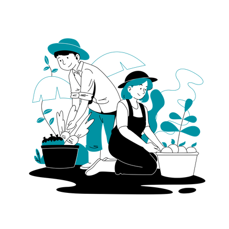 Couple Doing Gardening  Illustration