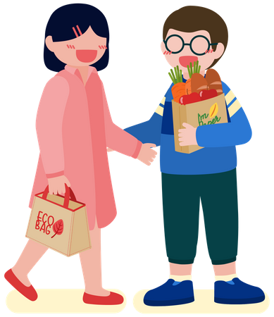 Couple doing grocery shopping with eco bag Illustration