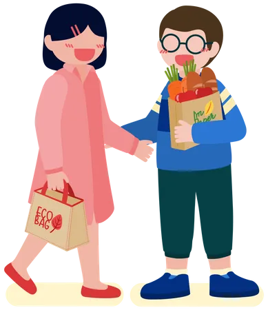 Couple doing grocery shopping with eco bag  일러스트레이션