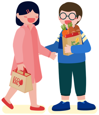 Couple doing grocery shopping with eco bag  Illustration