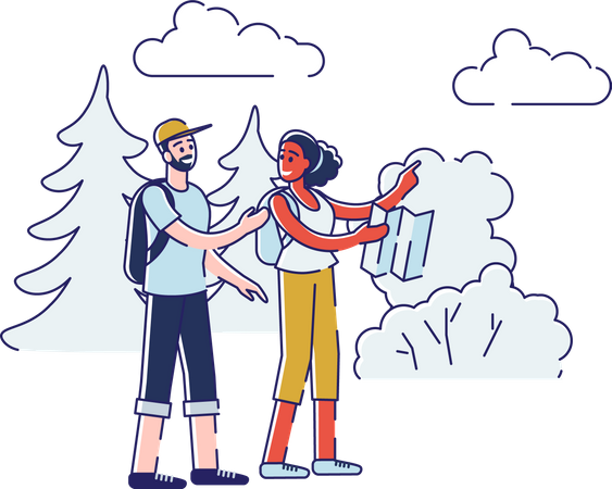 Couple doing hiking with help of map Illustration