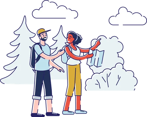 Couple doing hiking with help of map  Illustration