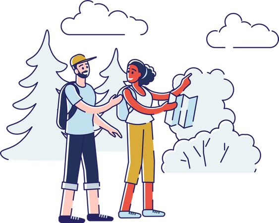 Couple doing hiking with help of map  Illustration