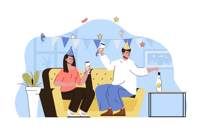 House Party Concept Couple Celebrating Birthday Drinking And Having Fun Situation Festive Event Holiday People Scene Vector Illustration With Flat Character Design For Website And Mobile Site Illustration