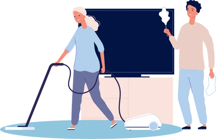 Couple doing house cleaning Illustration