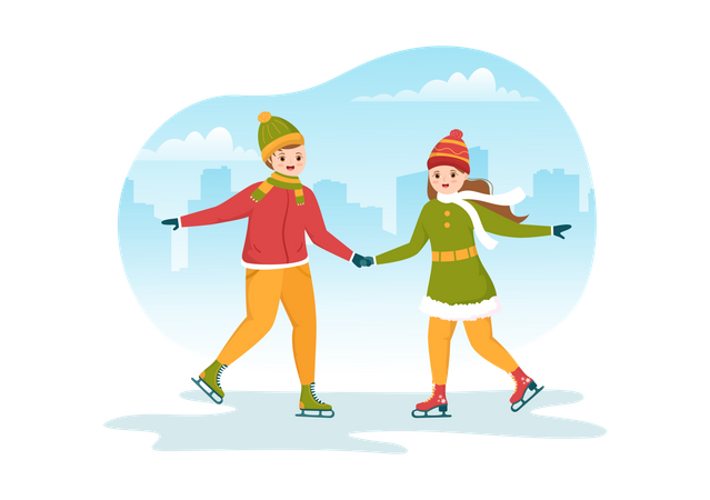 Couple doing ice skating by holding hands Illustration