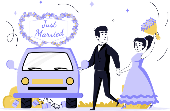 Couple doing into wedding car  Illustration