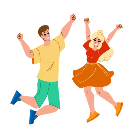 Couple Jumping Vector Happy Man Woman Jump Young Joy Together Fun Family Girl Love Two Excited Friends Couple Jumping Character People Flat Cartoon Illustration Illustration