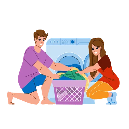 Couple Doing Laundry Vector Woman Clothes Man Family People Home Machine House Lifestyle Washing Couple Doing Laundry Character People Flat Cartoon Illustration Illustration