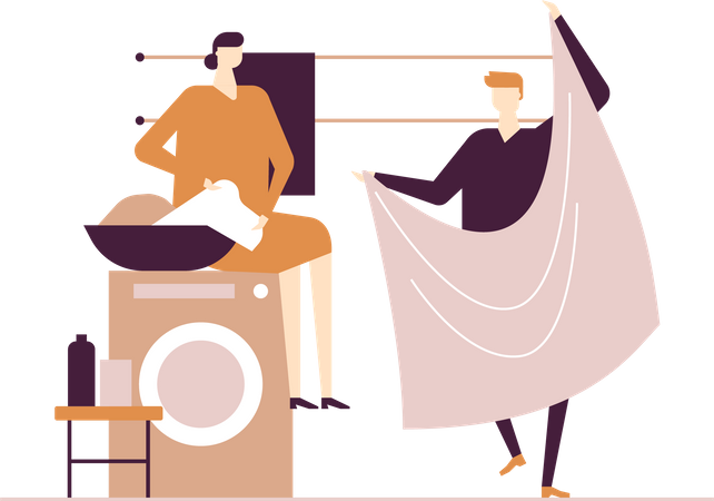 Couple doing laundry Illustration