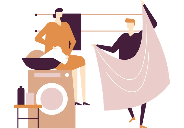 Couple doing laundry Illustration