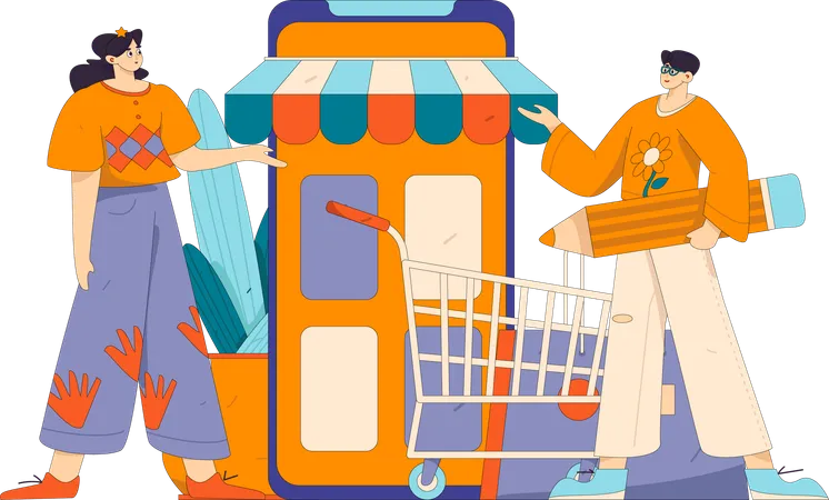 Couple doing mobile shopping  Illustration