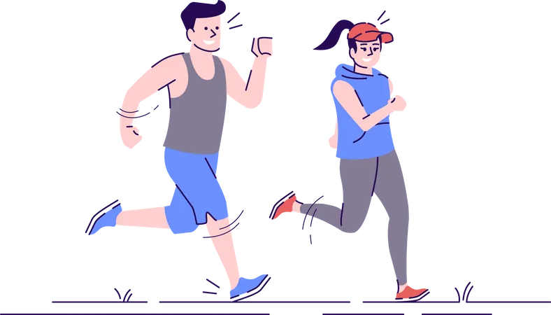 Jogging Caucasian Man And Woman Flat Vector Illustration Sport Activity Marathon Training Young Running Boy And Girl Isolated Cartoon Characters With Outline Elements On White Background Illustration