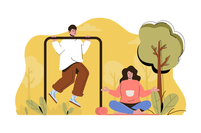 Couple doing morning workout at park  Illustration