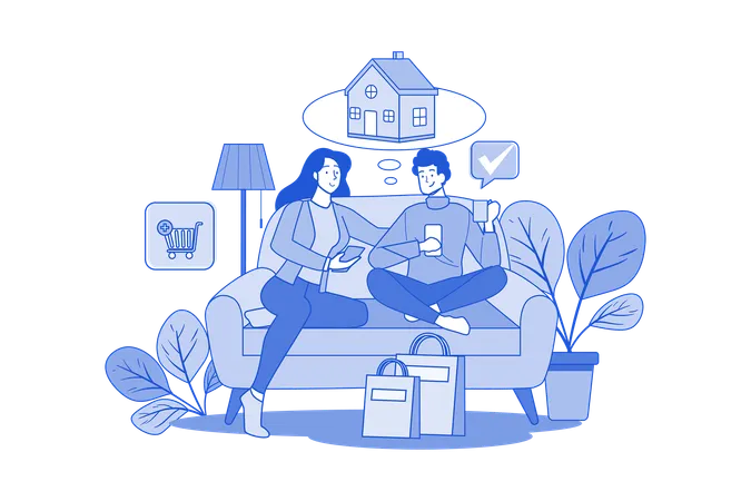 Couple Sitting On The Sofa And Thinking About The Goods They Want To Buy Illustration