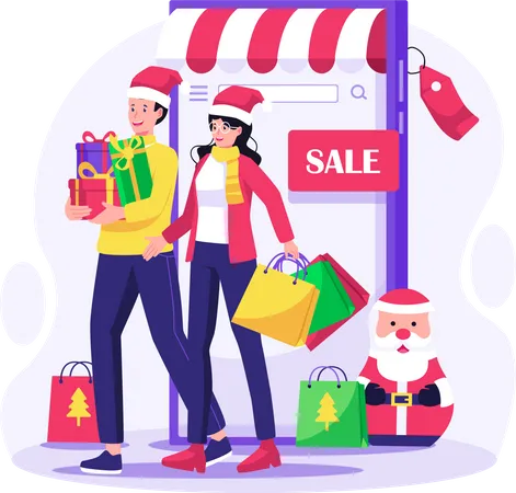 Online Shopping And Christmas Sale Concept With A Couple Doing Shopping In The Online Market Store On A Big Smartphone At Christmas Sale Vector Illustration In Flat Style Illustration