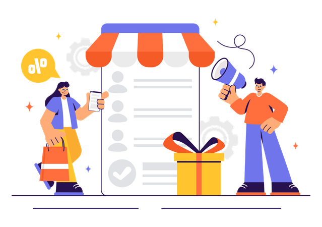 Couple doing online shopping in daily deal  Illustration