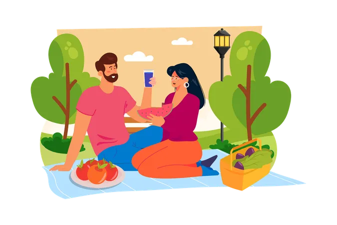 A Couple Spends The Day Enjoying The Outdoors With A Picnic Or Hike Illustration