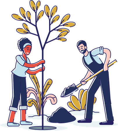 Couple doing plantation and planting tree together Illustration
